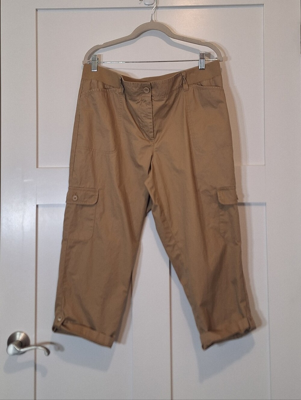Talbots Cargo High Rise Capri Pants Cotton Tan Stretch Waist Pockets Size 14P